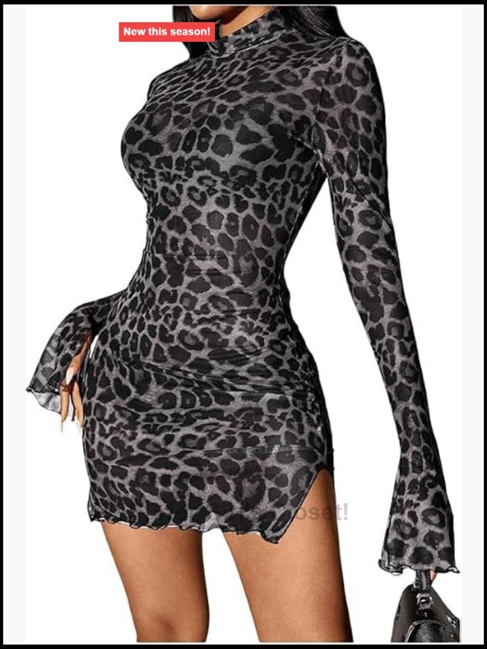 Sheer Mesh Bodycon Mini Dress Long Sleeve Mock Neck Leopard Print